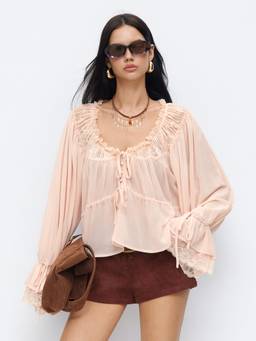 Cider - Chiffon Women's Ruffled Scoop Neck Blouse Peach
