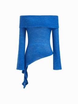 Cider - Knit Wool-blend Women Off-Shoulder Ruffle Hem Top Blue
