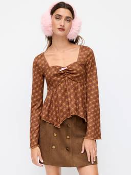 Cider - Geometric Bowknot Women Sweetheart Neck Ruffle Hem Top Brown