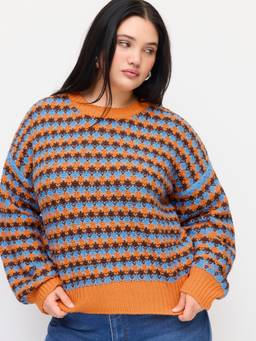 Cider - Geometric Knit Women Oversized Crew Neck Sweater Orange