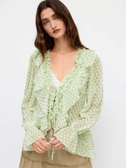 Cider - Chiffon Women's V-Neck Geometric Ruffle Bell Sleeve Blouse Green
