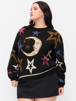 Cider - Knit Star & Moon Women's Oversized Crew Neck Top Charcoal