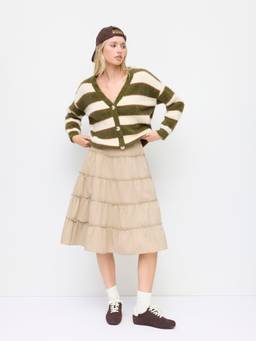 Cider - Knit Women's V-Neck Striped Button-Up Cardigan Olive