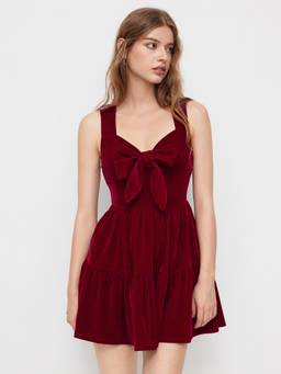 Cider - Velvet Women's Sweetheart Bow Tiered Ruffle Hem Mini Dress Wine