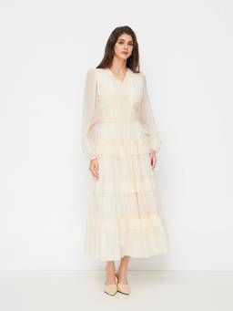 Cider - Lace Trim Women's V-Neck Tiered Ruffle Maxi Dress Beige