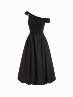 Cider - Cotton Blend Women's Asymmetrical Neck Bubble Hem Maxi Dress Black