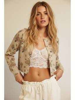 Cider - Knit Floral Women's Button-Up Round Neck Cardigan Beige