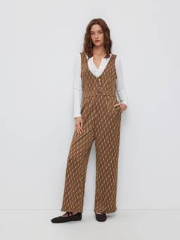 Cider - Jacquard Women's Geometric V-Neck Wide-Leg Dungarees Brown