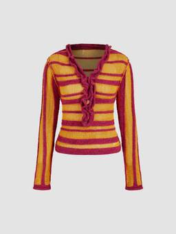 Cider - Knit Striped Women’s V-Neck Full Sleeve Top Red