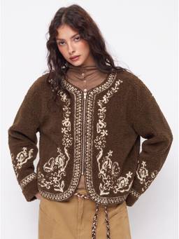 Cider - Floral Embroidered Women Zip-Through Oversized Jacket Brown