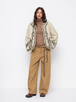 Cider - Fleece Women's Floral Embroidered Zip-Up Oversized Jacket Cream