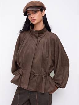Cider - Suede Collar Women's Cinched Waist Zip Jacket Coffee