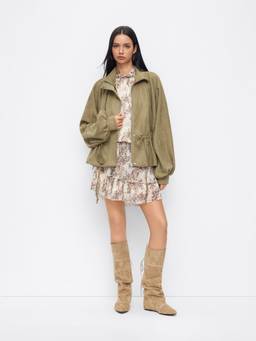 Cider - Suede Collar Women’s Drawstring Cinched Waist Zip Jacket Olive