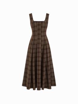 Cider - Plaid Shirred Women's U-Neck Pocket Ruffle Midi Dress Coffee