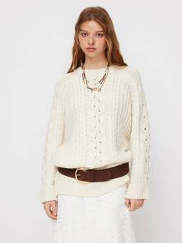 Cider - Cable Knit Women Regular Fit Round Neck Longline Sweater White