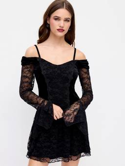 Cider - Velvet Lace Women's Off-Shoulder Ruffle Mini Dress Black