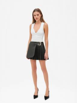 Cider - Faux Leather Women Pleated Buckle Mini Skirt Black