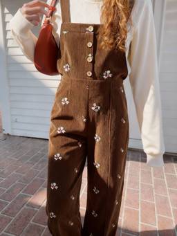 Cider - Corduroy Women's Floral Backless Pocket Wide-Leg Jumpsuit Brown