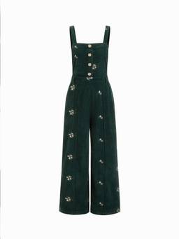 Cider - Corduroy Women's Floral Embroidered Wide-Leg Jumpsuit Green