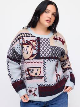Cider - Knit Colorblock Women Geometric Crew Neck Pullover Sweater Blue