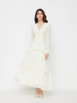 Cider - Satin Women's V-Neck Lace Trim Ruffle Maxi Dress Beige