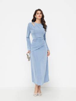 Cider - Ruched Texture Women Asymmetrical Neck Maxi Dress Blue