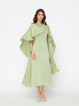 Cider - Satin Women's Boat Neck Metal Detail Ruffle Maxi Dress Green