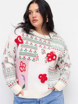 Cider - Knit Women's Floral Patch Round Neck Top Pink