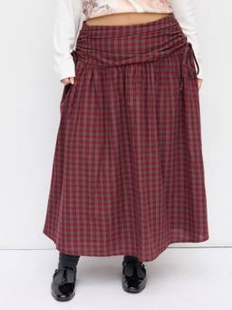 Cider - Cotton Women's Mid Rise Ruched Checked Maxi Skirt Brown