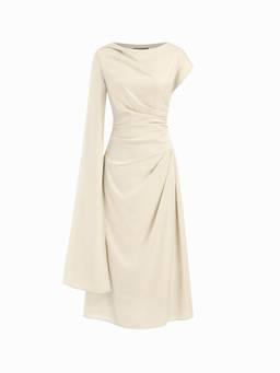 Cider - Satin Women's Boat Neck Pleated Asymmetrical Sleeve Maxi Dress Beige