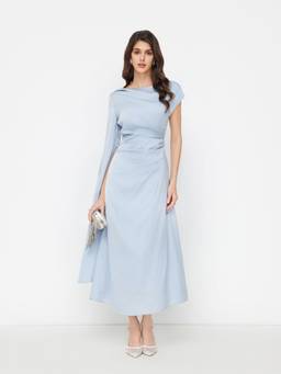Cider - Satin Women's Pleated Asymmetrical Sleeve Maxi Dress Sky Blue
