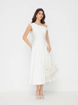 Cider - Pleated Ruffle Women's Asymmetrical Neck Maxi Dress White