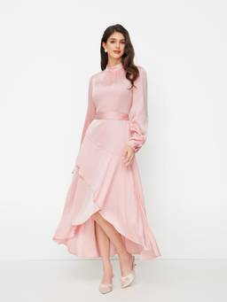 Cider - Women's Satin High Neck Ruched Ruffle Hem Maxi Dress Pink