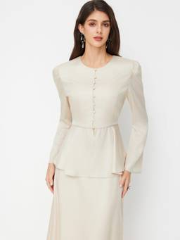 Cider - Tie Back Women Round Neck Peplum Skirt Set Beige
