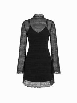 Cider - Mesh High Neck Shirred Ruffle Hem Mini Dress Set Black