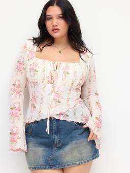 Cider - Mesh Women’s Floral Ruched Square Neck Top Pink