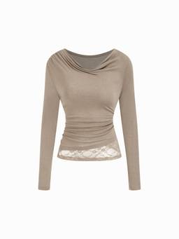 Cider - Wool-Blend Women Asymmetrical Neck Lace Hem Long Sleeve Top Tan