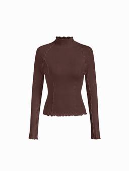 Cider - Wool-Blend Women's Lettuce Trim Stand Collar Long Sleeve Tee Brown