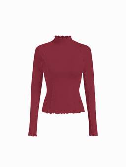Cider - Wool-Blend Women Stand Collar Lettuce Trim Long Sleeve Tee Burgundy