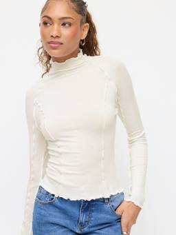 Cider - Wool-blend Women Lettuce Trim Stand Collar Long Sleeve Tee Cream