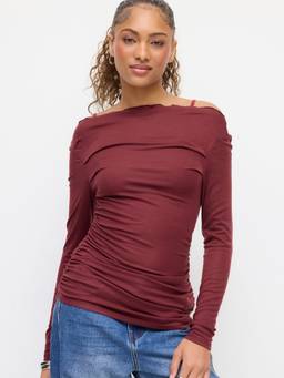 Cider - Wool-Blend Women Ruched Off-Shoulder Top Burgundy
