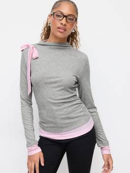 Cider - Wool Blend Women Bow Tie-Up High Neck Top Light Grey