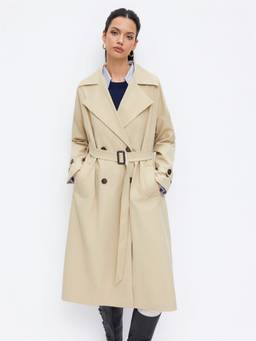 Cider - Notched Collar Women Double-Breasted Belted Trench Coat Khaki