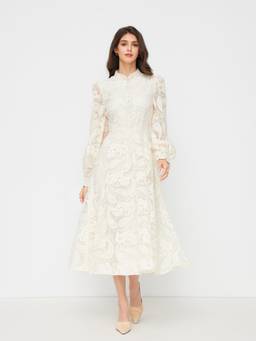 Cider - Lace Women's Paisley Lantern Sleeve Maxi Dress Cream