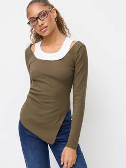 Cider - Two Tone Women's Ruched U-Neck Top Olive