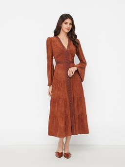 Cider - Suede Women's V-Neck Lace Trim Ruched Maxi Dress Brown