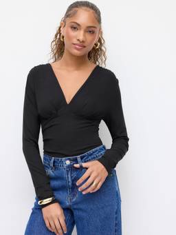 Cider - Ruched Women's V-Neck Full Sleeve Bodysuit Black