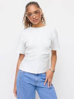 Cider - Cotton-Blend Women Ruched Round Neck Tee White