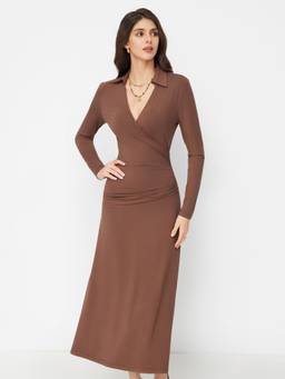 Cider - Women's Ruched Wrap V-Neck A-Line Maxi Dress Brown