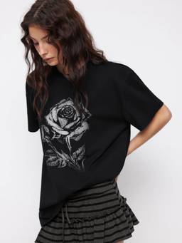Cider - Cotton Blend Women's Rose Graphic Round Neck Oversized T-Shirt Black